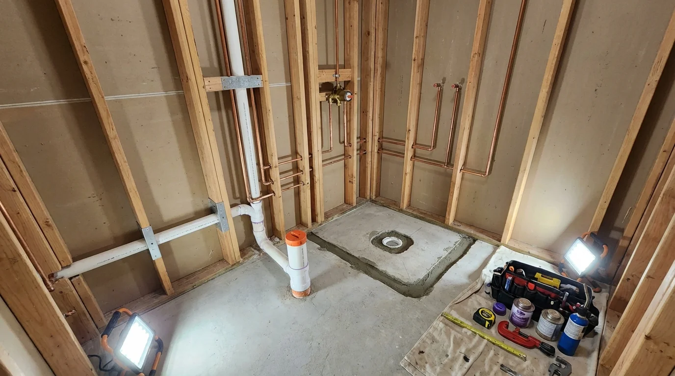 Bathroom rough-in plumbing during remodel by Johns Plumbing LLC in Ankeny