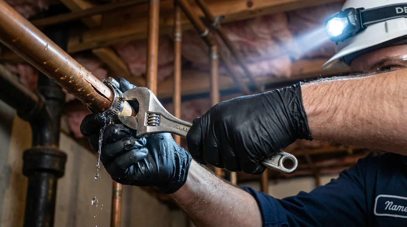 Emergency pipe clamp repair being performed by a Johns Plumbing LLC plumber in Ankeny