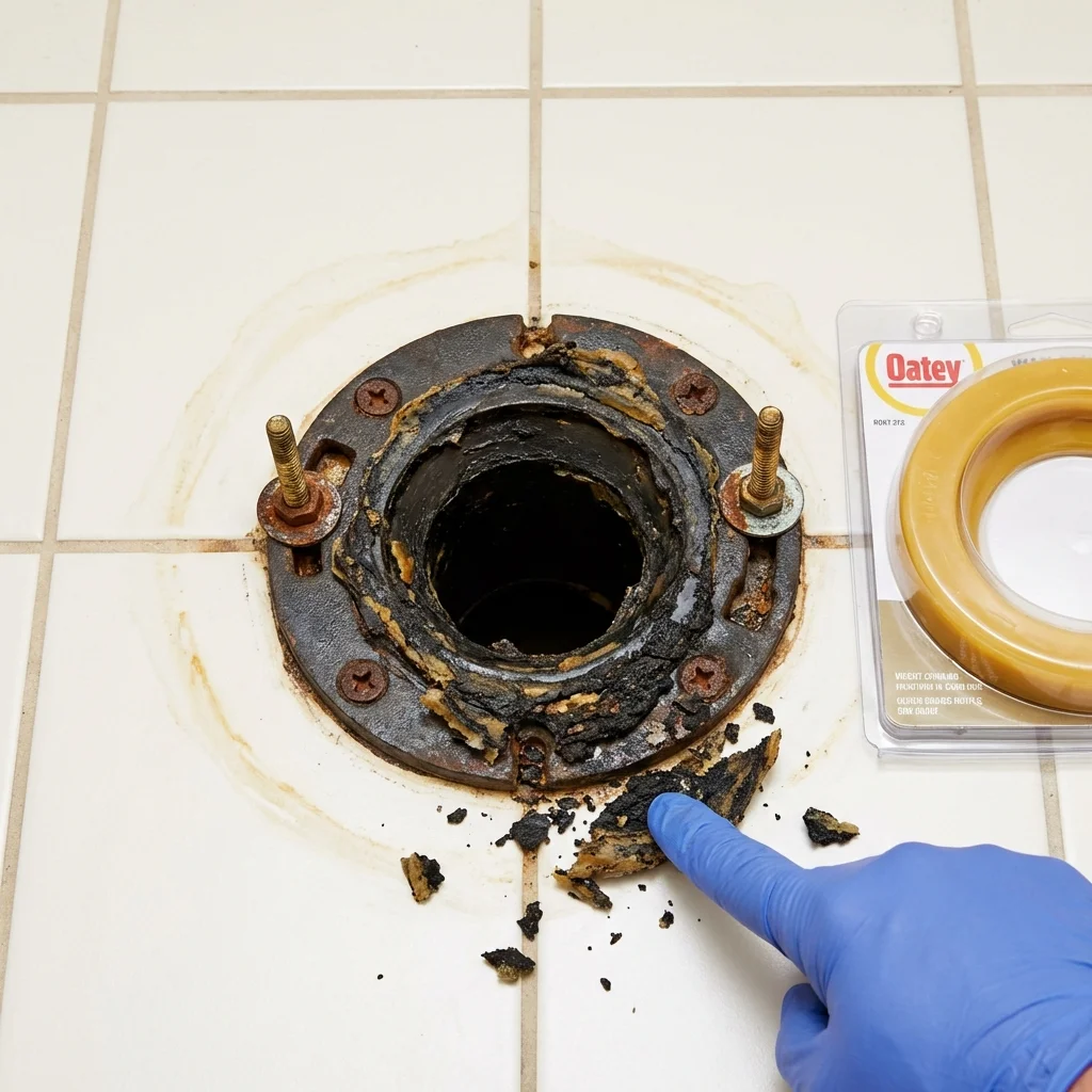 Failed wax ring showing water seepage at the base of a toilet in a Ankeny, IA home