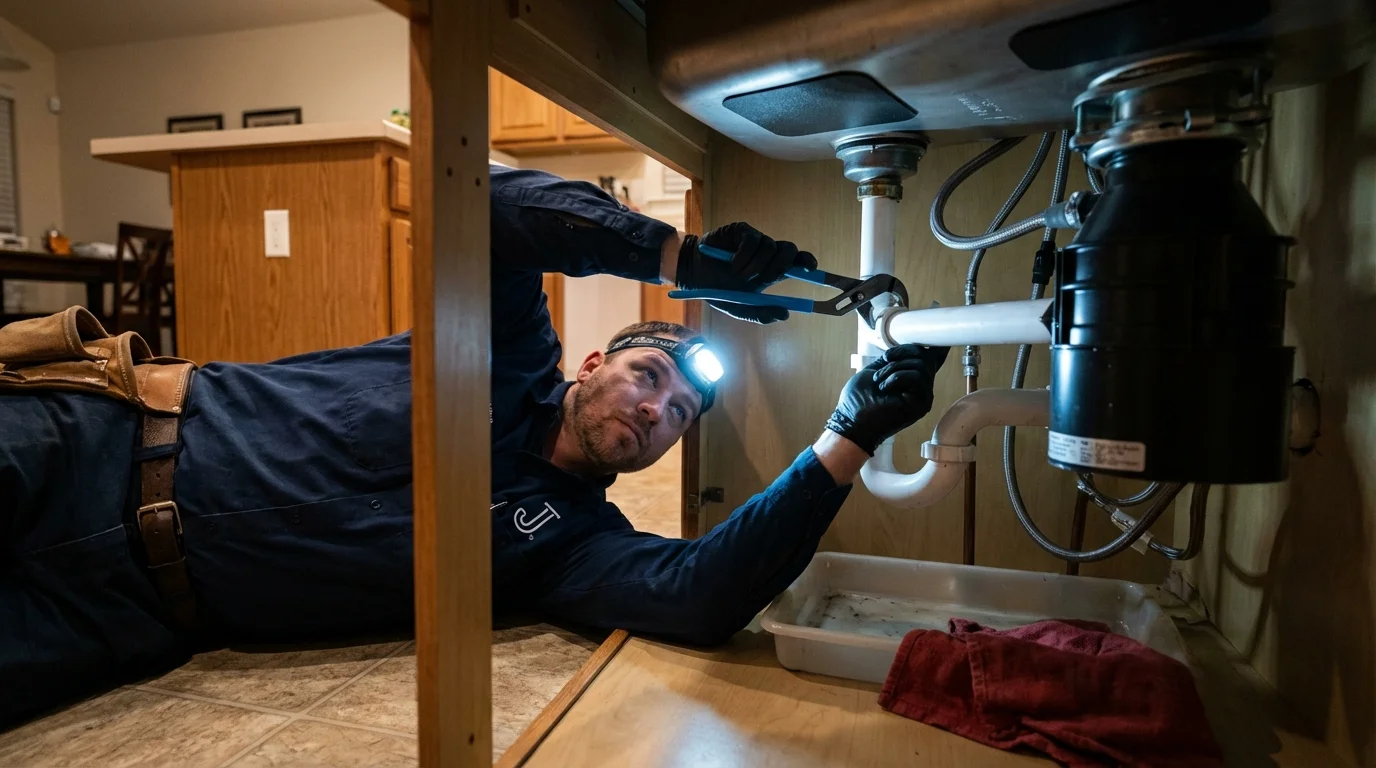 P-trap and supply line connections under a kitchen sink showing a common leak point in Ankeny, IA